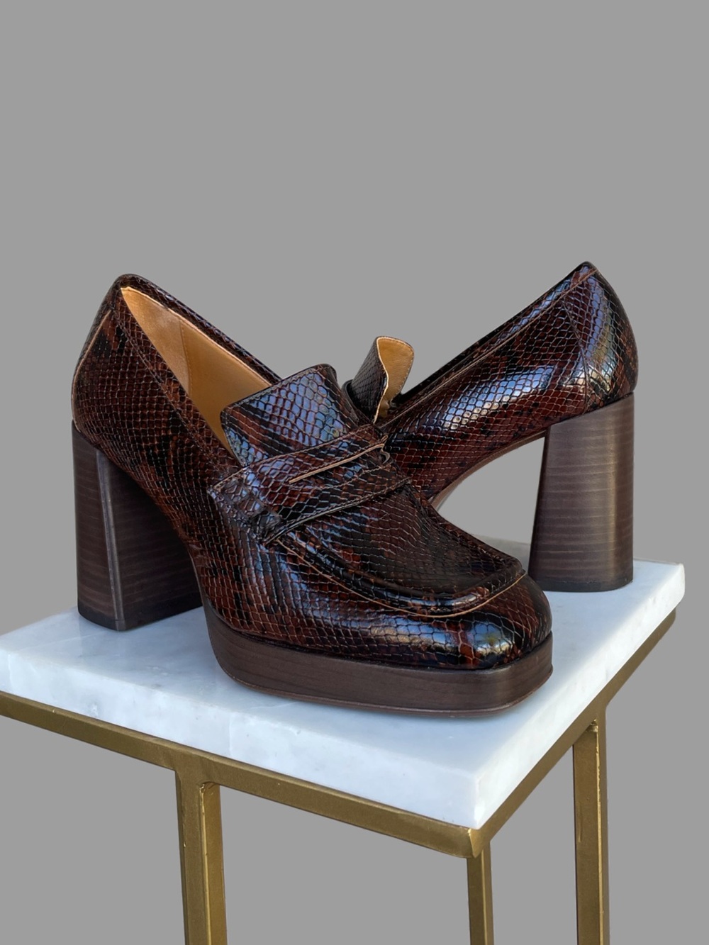 SEZANE Brown Snakeskin
Leather Platform Penny Loafers Square Toe Jessie Heels